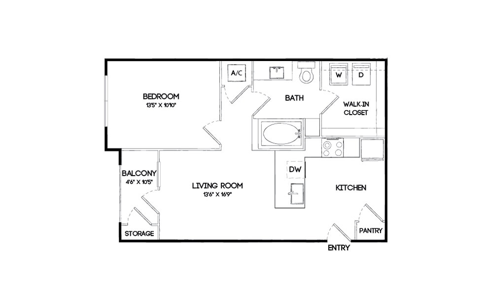 A1 - 1 bedroom floorplan layout with 1 bath and 630 square feet.