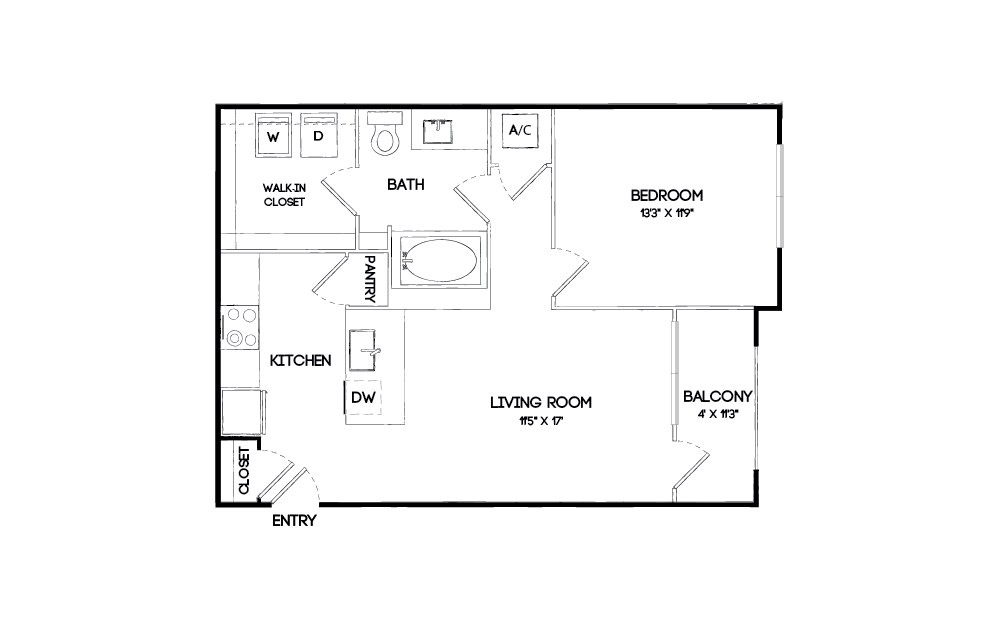A2 - 1 bedroom floorplan layout with 1 bath and 686 square feet.