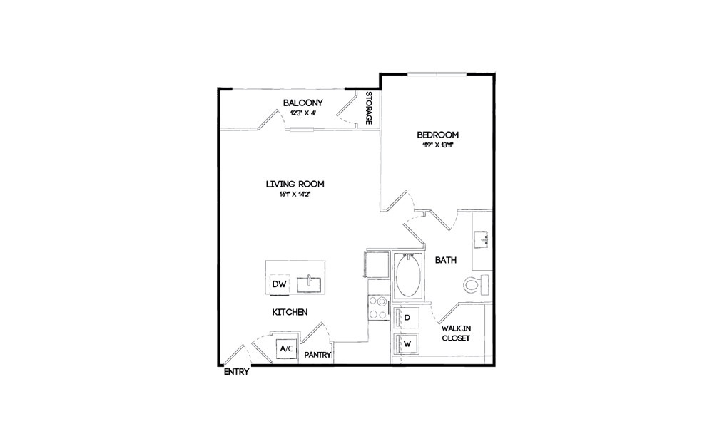 A4 - 1 bedroom floorplan layout with 1 bath and 733 square feet.