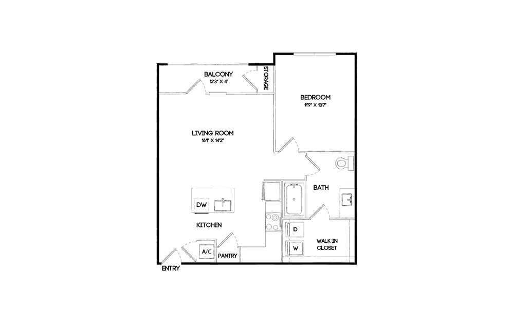 A4HC - 1 bedroom floorplan layout with 1 bath and 733 square feet.