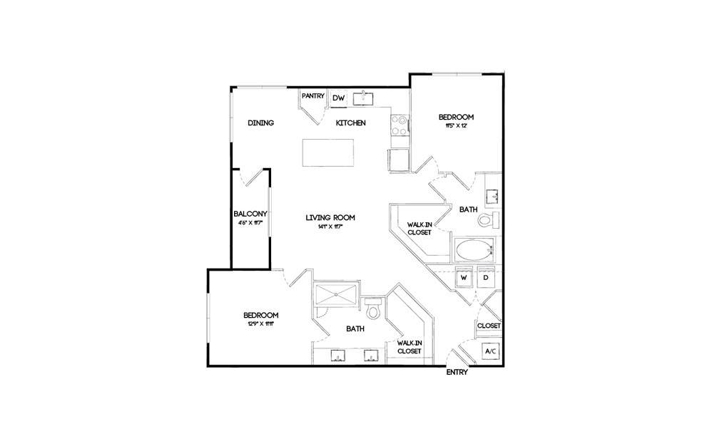 B1 - 2 bedroom floorplan layout with 2 baths and 1099 to 1106 square feet.
