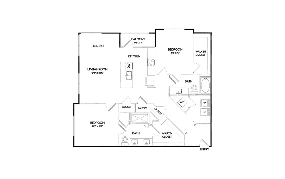 B2 - 2 bedroom floorplan layout with 2 baths and 1262 square feet.