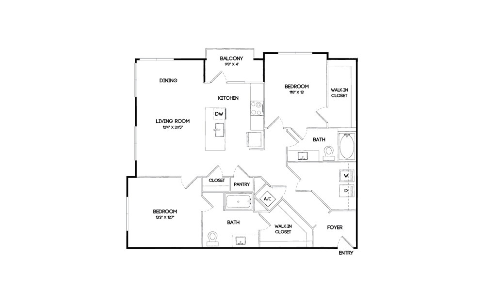 B2HC - 2 bedroom floorplan layout with 2 baths and 1262 square feet.