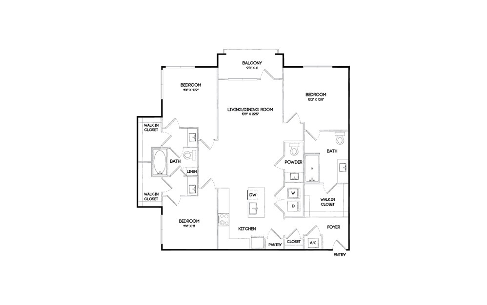 C1HC - 3 bedroom floorplan layout with 2.5 baths and 1496 square feet.